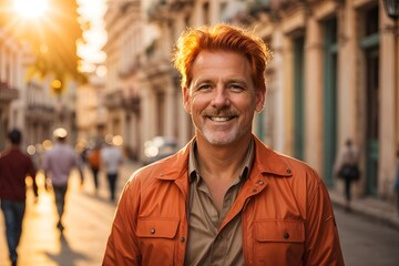 Fototapeta premium A happy handsome redhead mature worker wearing orange safety west is walking in streets of Cuba during late autumn sunset with sun flares in the background. Generative Ai.