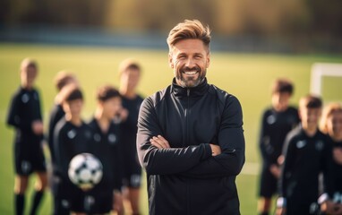 A male coach of a school soccer team on a field. Generative AI