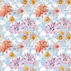 Seamless retro floral pattern. Pink, orange, white flowers on a light blue background. - 654194362