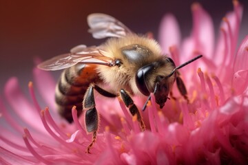 Close-up shot of a bee on a blooming flower. Generative AI