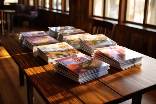 a set of brochures spread out on a wooden table