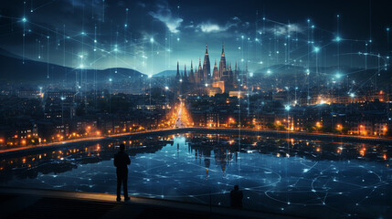 Fototapeta na wymiar Nocturnal Technoscape, Night City Skyline Illuminated with Global Data Science, Network Connectivity Background Wallpaper