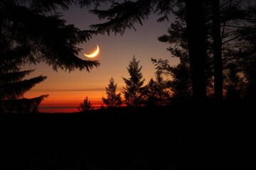 moon silhouette during solstice observed from a forest