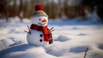 Small smiling snowman wearing hat and scarf, arms out of branches. Nose is a carrot. Happy snowman standing on snowy, frosted ground. Blurred forest background. Adorable winter scene.
