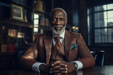 Portrait of a successful confident African American senior business man in a suit sitting in a chair in an office looking at camera. Businessman, lawyer or director