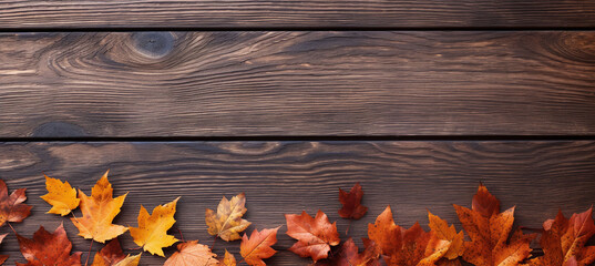 Clipart background with autumn theme, wooden surface top view with autumn leaves on it