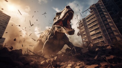 T-rex rampage going to destroy building - obrazy, fototapety, plakaty