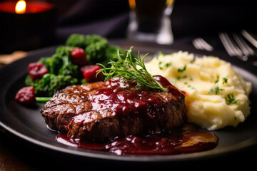 A plate of steak with red wine sauce and vegetables
