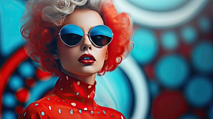 Retro - Futuristic Fashion Girl on Pop Art Background Photo Background - obrazy, fototapety, plakaty