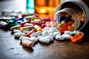 assortment of pills and capsules scattered on a counter
