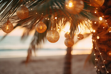 exotic tropical Christmas concept: palm trees close up with light garlands and golden baubles
