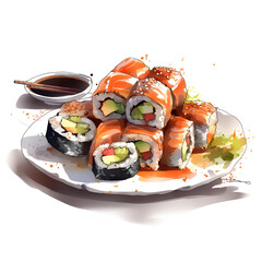 Watercolor Sushi food illustration. Watercolor Hand Painted Illustration. Realistic and Exquisite Culinary Art - 654196787