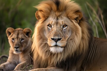 Naklejka na ściany i meble male lion watching over cubs while female hunts