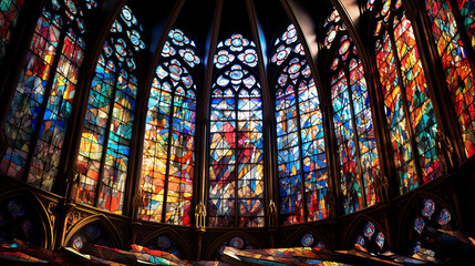 A mosaic of colorful stained glass fragments, radiating light and intricate patterns, reminiscent of grand cathedral windows - obrazy, fototapety, plakaty