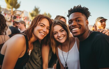 Smiling portrait of a diverse group of young friends in a music festival. Generative AI