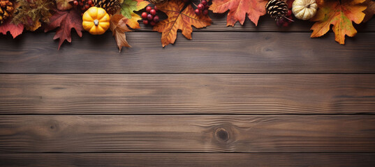 Clipart background, autumn mood, wooden surface top view small pumpkins, berries, cones and autumn leaves on it