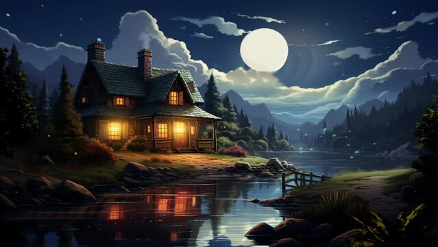 Peaceful fantasy nature landscape background with Traditional house on a beautiful lake with calm waters and night clear sky animation background