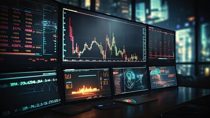 A detailed LED display showing financial data with daily market prices, price quote charts, and candle tracking, illustrating the complexity of modern trading. - obrazy, fototapety, plakaty