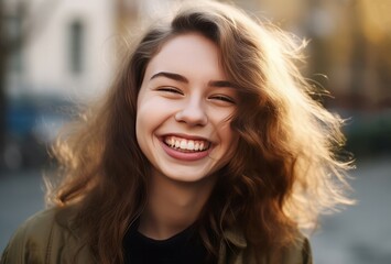 Obraz premium Happy laughing girl at street. Care beauty. Generate Ai
