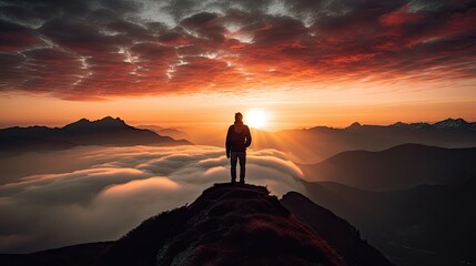 Silhouette of a man on the mountain top Sunset among the clouds - obrazy, fototapety, plakaty