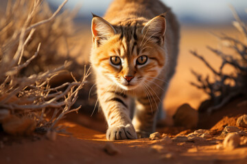 The elusive Arabian sand cat, a master of desert survival, prowling the dunes of the Arabian...