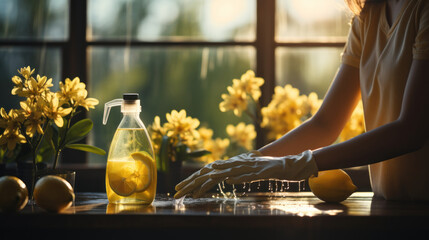 Close up of young woman washing table with lemon and water in kitchen at home - obrazy, fototapety, plakaty