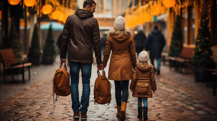 Back view of a family of three walking on the street at Christmas time.