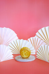 Moon cakes and paper fan decoration. Mid-Autumn Festival background. Copy space.