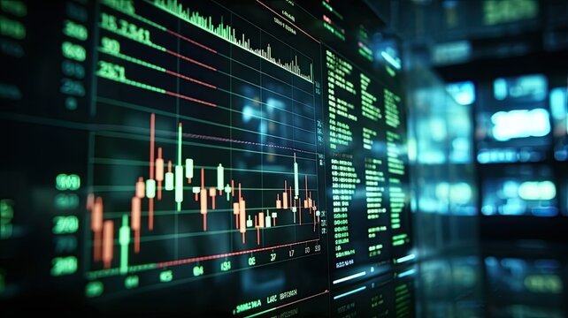 A detailed LED display showing financial data with daily market prices, price quote charts, and candle tracking, illustrating the complexity of modern trading.