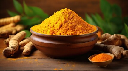 Discover the golden treasure of health - a bowl filled with turmeric root powder on a wooden table.
