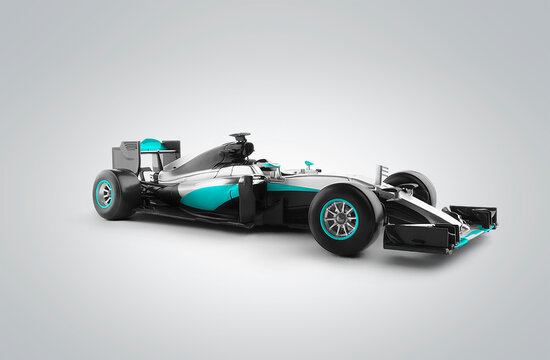 Race car and driver angled view isolated on grey background. Facing right. 3D Rendering