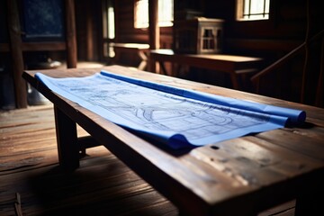 a blueprint unrolled on a wooden table