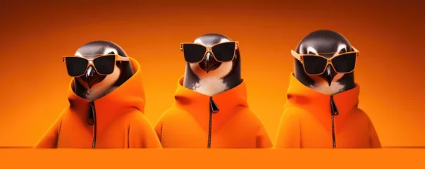 Foto op Canvas three penguins in sunglasses on an orange background © Anything Design