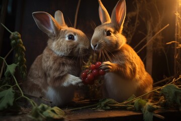 two rabbits munching on a carrot together - obrazy, fototapety, plakaty