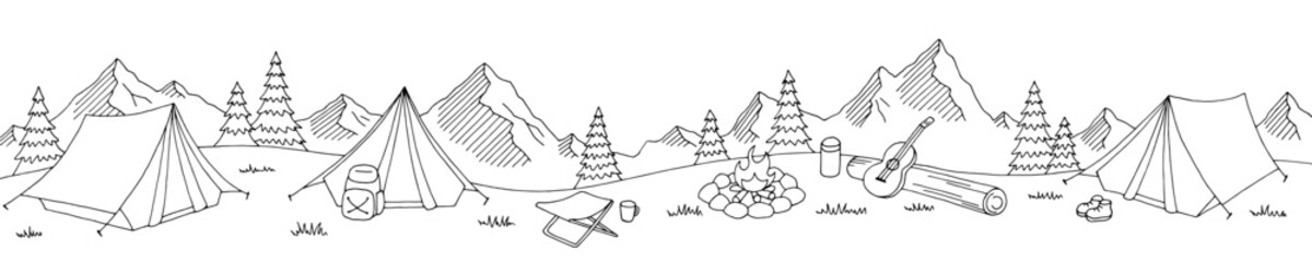 Camping graphic black white mountain landscape long sketch illustration vector 