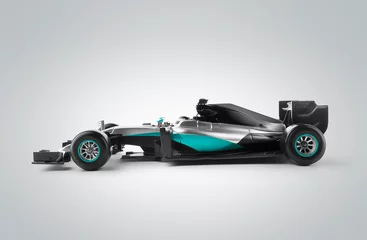 Rolgordijnen Race car and driver angled view isolated on grey background. side view. 3D Rendering © Image Craft