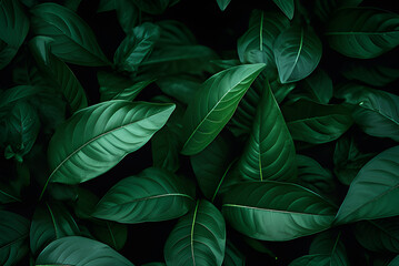 Closeup Tropical Green Leaves Texture and Dark Tone Process, Abstract Nature Pattern Background.