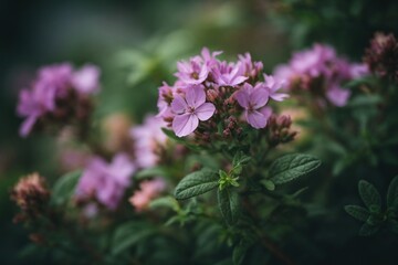 Thyme Flower Plant with leaves inside Garden, Pink Petals, Grass, using Generative Ai