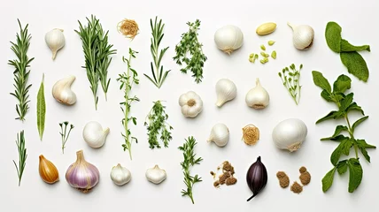 Poster A top-down view of fresh garlic bulbs and an assortment of aromatic culinary herbs like rosemary, thyme, and basil, neatly arranged on a clean white background. © lililia
