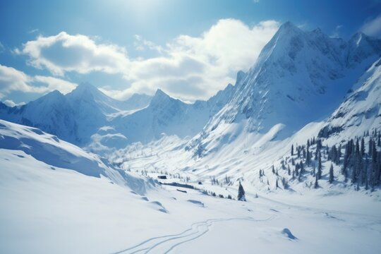 snowy mountain with fresh ski tracks