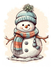 Snowman in a hat and scarf on a light background. watercolor. Generative AI.