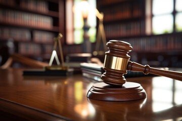 gavel on a wooden desk with law books in the background