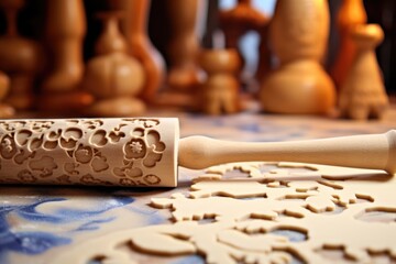 a rolling pin and small cookie cutter on dough