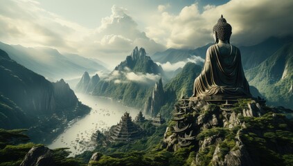 Buddha statue is shown above a mountain - obrazy, fototapety, plakaty