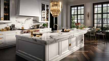 a luxurious kitchen with a massive marble-topped island as the centerpiece, adorned with a gleaming gold faucet.
