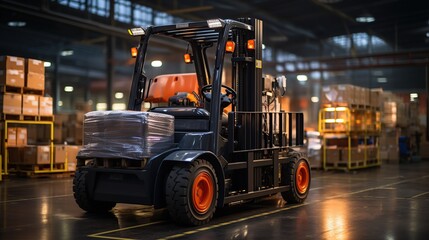 Forklifts between rows in a large warehouse. Warehouse concept