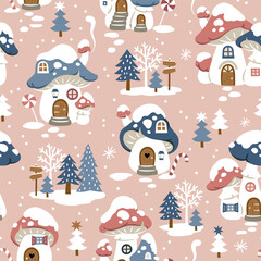 Seamless vector pattern with cute winter mushroom houses, snowflakes and snowy trees. Hand drawn  Christmas wallpaper design. Perfect for textile, wallpaper or nursery print design.