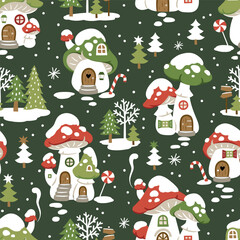 Seamless vector pattern with cute winter mushroom houses, snowflakes and snowy trees. Hand drawn  Christmas wallpaper design. Perfect for textile, wallpaper or nursery print design.