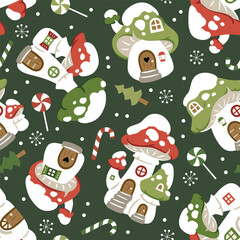Naklejka premium Seamless vector pattern with cute winter mushroom houses, snowflakes and snowy trees. Hand drawn Christmas wallpaper design. Perfect for textile, wallpaper or nursery print design.