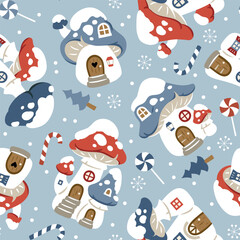 Seamless vector pattern with cute winter mushroom houses, snowflakes and snowy trees. Hand drawn  Christmas wallpaper design. Perfect for textile, wallpaper or nursery print design.